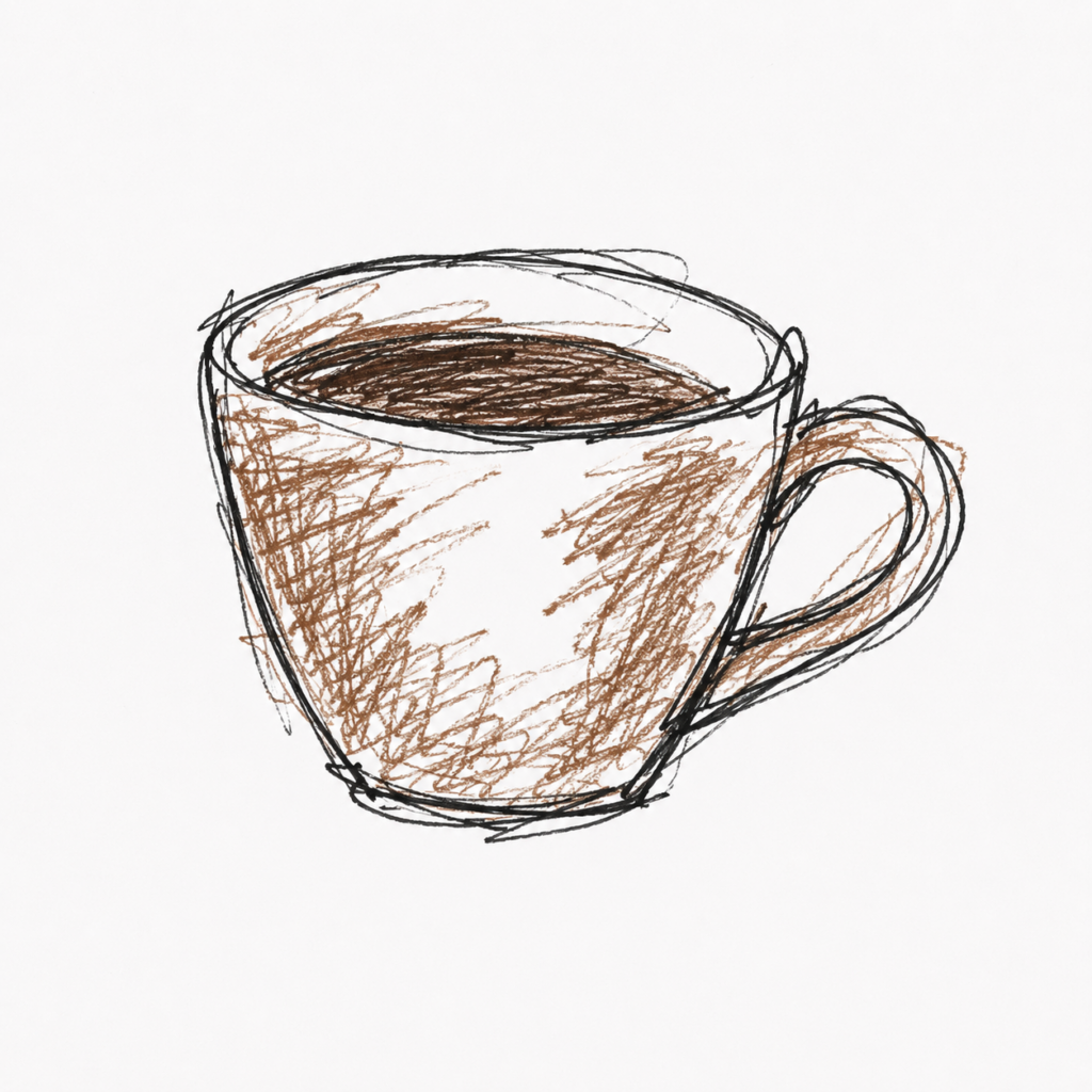 A rough, hand-drawn coffee cup sketched with uneven black lines and brown scribbles, filled with dark coffee and set against a plain white background.